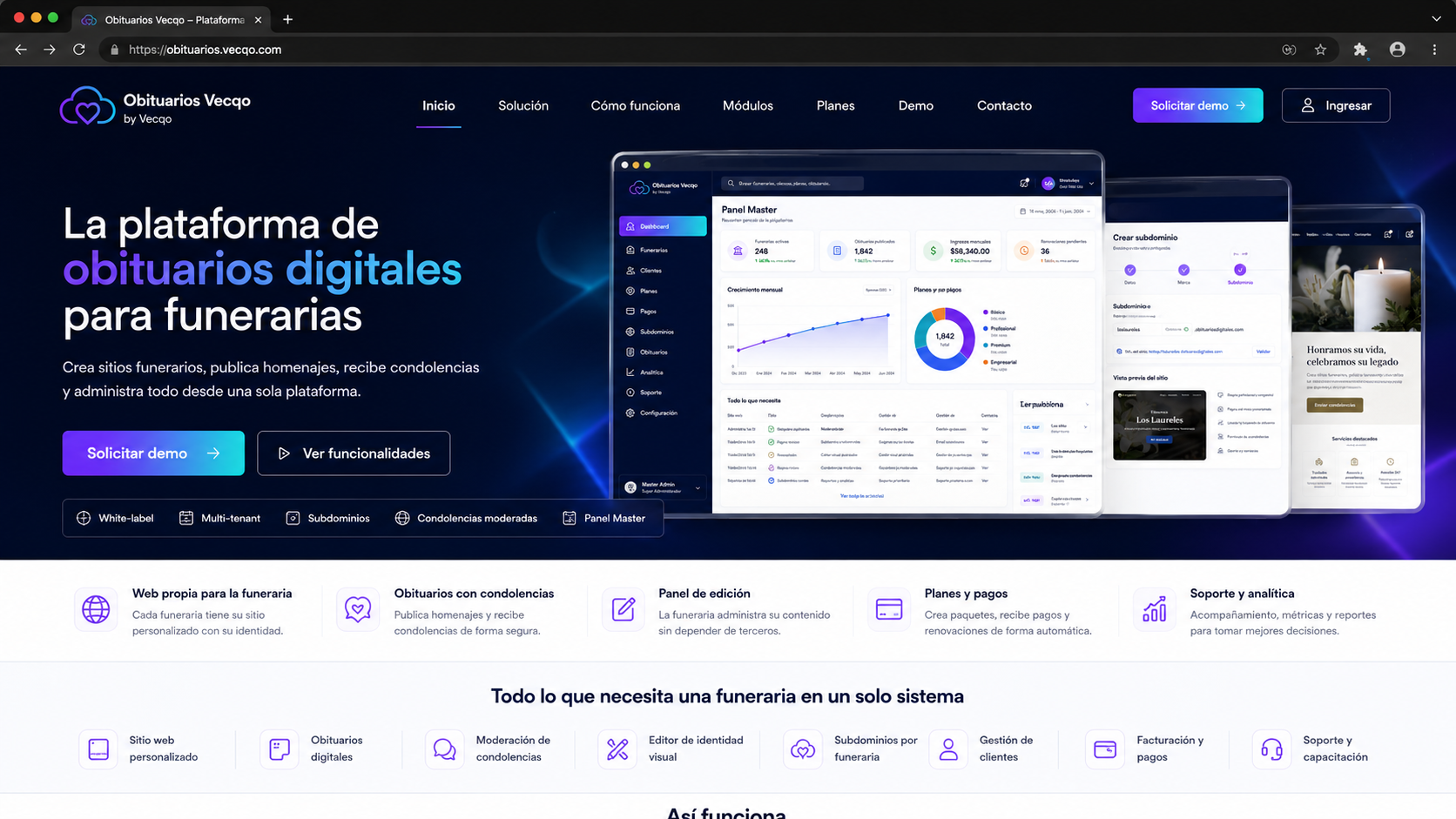 Vista de la plataforma de obituarios digitales