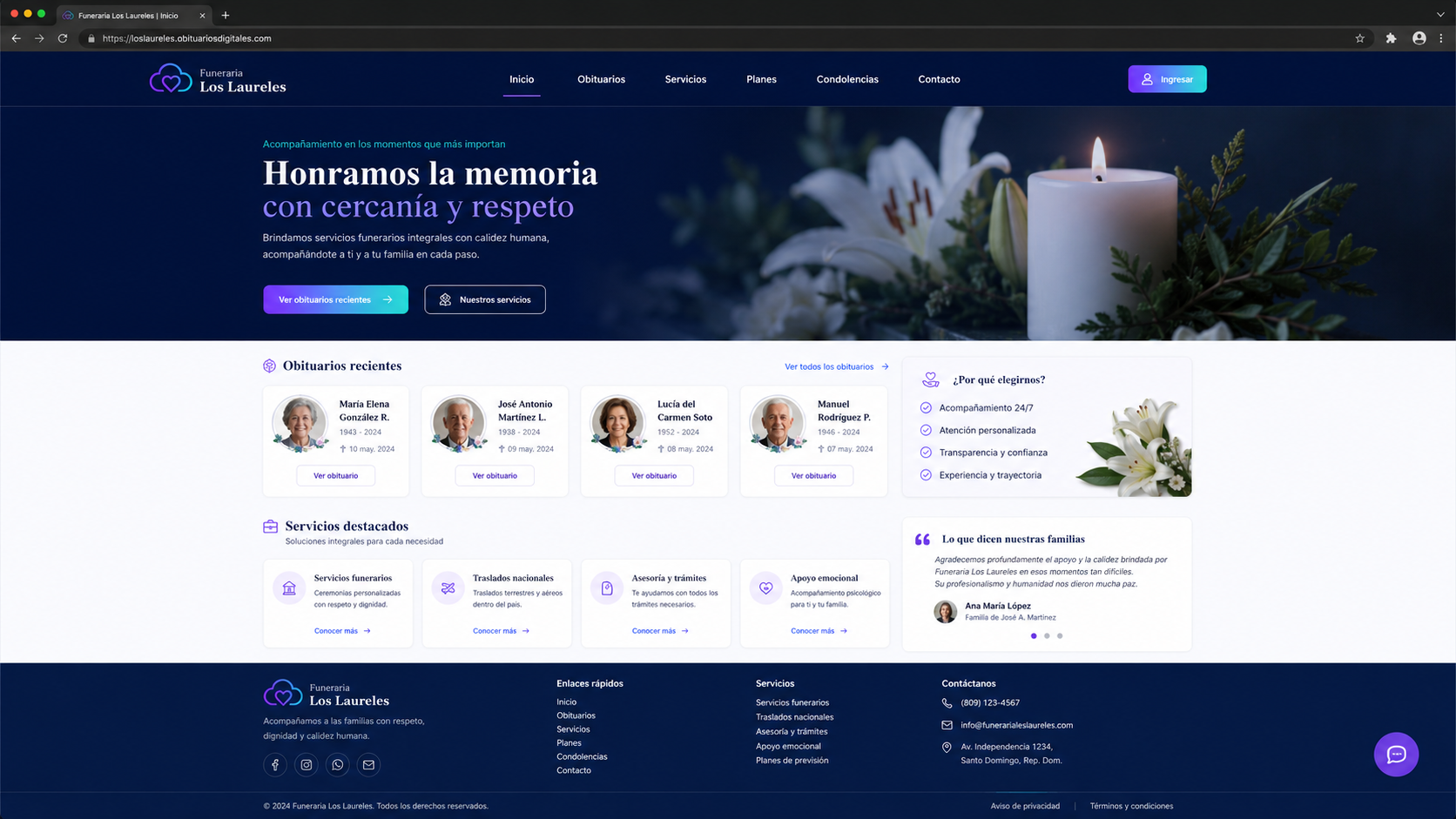 Ejemplo de sitio funerario público con obituarios digitales